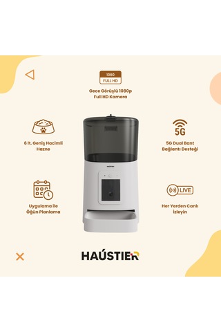 Haustier Pp003 Pro Beyaz Kameralı 1080p Fhd Gece Görüş Akıllı Otomatik Kedi Mama Kabı, Tuya App-wifi Uzaktan Kontrol, Sesle Çağırma, 2.4ghz-5ghz, 6lt Hazne, Metal Kase