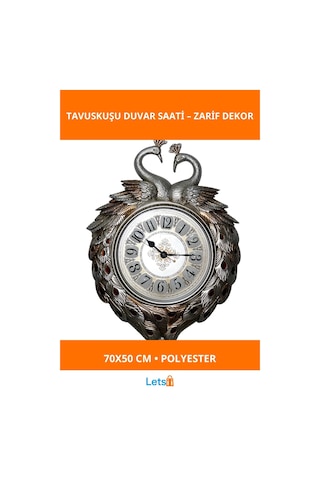 Görkemli Tavuskuşu Desenli Polyester Duvar Saati 70x50 Cm Çok Renkli