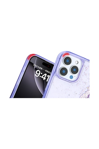 Goocamp Apple iPhone Uyumlu 14 Pro Max Kılıf Sıvılı Simli Şeffaf Arka Yüzey Keto Silikon Kapak - Mor