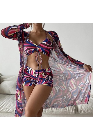 Kadın Mayo Yüksek Bel Bikini Seti Üç Adet Kadın Uzun Kollu Cover Up Mayo Plaj Mayo Siyah