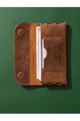 Vintage Leather Craft Hakiki Deri El Portfoyü Telefon Bölmeli Açık Kahverengi - Taba