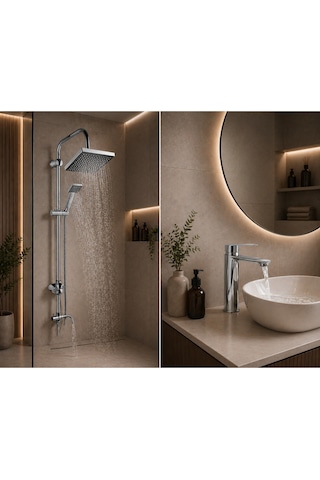 Lüx Premium Krom Robot Duş Seti Sabit Lavabo Bataryası 2'li Avantaj Seti Modern Tasarım Gri