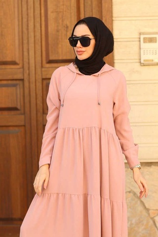 Neways 6531-Krep Kapüşonlu Reglan Kollu Elbise Pudra