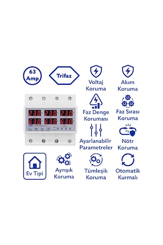 Tomzn Gerilim Ve Akım Koruma Rölesi Voltaj Koruyucu 63A 3 Fazlı Ev Tipi Ayrışık Faz Koruma