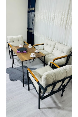 Madame Home Kadife Balkon, Bahçe,teras,cafe - Salon - Metal Kanepe Koltuk Takımı - 2+1+1 + Masa Krem