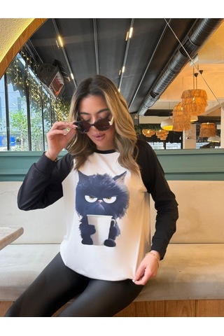 Reka Moda Kadın Uzun Kollu Bisiklet Yaka Kedi Baskılı Şardonlu Dalgıç Bluz Beyaz