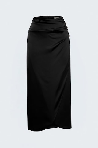 Sateen Düğme Detaylı Saten Etek - Siyah-138054