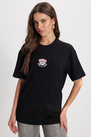Tudors Kadın Oversize Geniş Kesim %100 Pamuk Bisiklet Yaka Kısa Kollu Baskıllı Siyah Tişört -50798