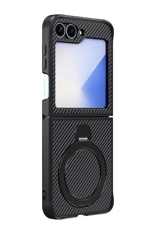 Teleplus Samsung Galaxy Uyumlu Z Flip6 Kılıf Karbon Fiber Magsafeli 360 Dönerli Standlı Alp Kapak