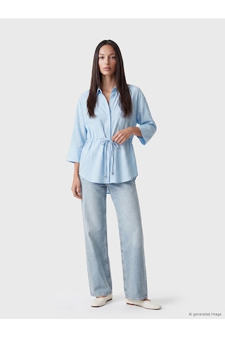 Lcw Everyday Mavi Çizgili Oversize Armürlü Kadın Gömlek