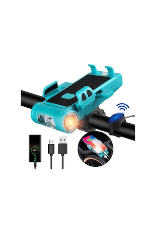 Techtic 5in1 Bisiklet Feneri Şarjlı Telefon Tutucu+korna +sis Far Yeşil