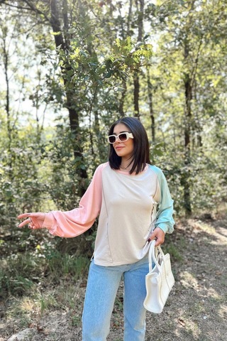 WeShaya Kadın Bej Uzun Balon Kol, Yuvarlak Yaka, Kolları Double Color Block Basic Sweatshirt Bluz Bej