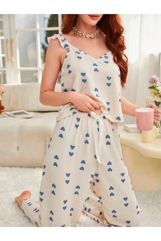 Bezos Kadın Ekru Mavi Kalp Desenli Yumuşak Pamuklu Uzun Pijama Takımı 5137