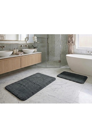 Royam Mevsim Home 2'li Set Banyo Halısı, Paspası %100 Pamuklu Kaymaz Taban Makarna Kenar Antrasit
