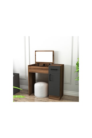 Arnetti İnci Ceviz Antrasit Aynalı Makyaj Masası – Çekmeceli, Dolaplı & Şık Tasarım