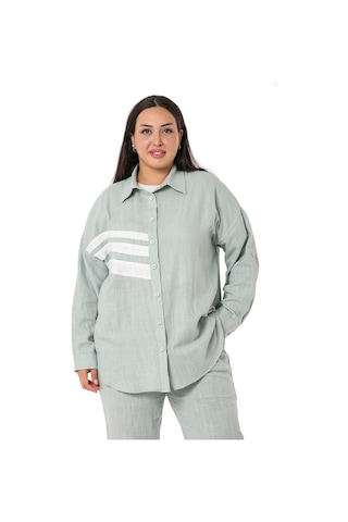 Büyük Beden Gömlek Pantolon Keten Su Yeşili Takım