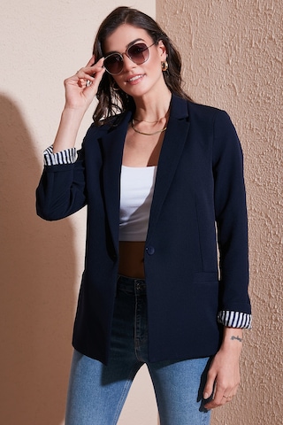 Lela Standart Fit Mono Yaka Desenli Astar Detaylı Blazer Bayan Ceket 6524003 Lacivert