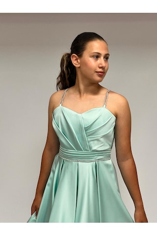 Butikhappykids Kız Çocuk Abiye Mintyeşili Taş Kordon Askılı Kalp Yaka Mat Saten Kuyruklu Abiye Elbise 10-15 Yaş Mint Yeşili