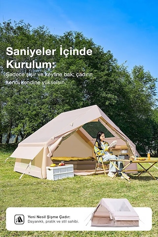 6 Kişilik 4 Mevsim Su Geçirmez Şişme Kamp Çadırı 210d Oxford Kumaş 8 M2 310x245x142 Cm Bej