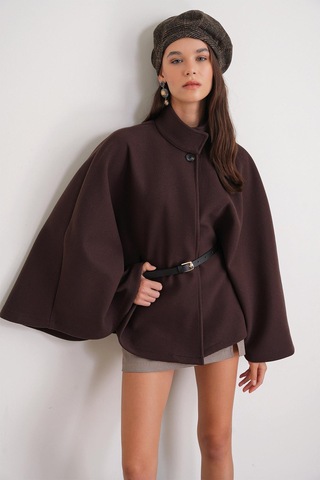 4768 Kadın Kemerli Panço Premium Kaşe Ceket Kahve Kahve