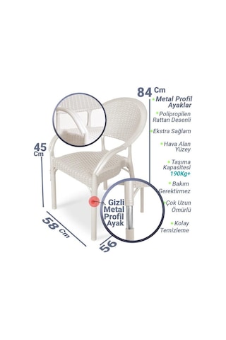 4 Adet Bambu Rattan Kollu Sandalye Koltuk Kapiçino Krem