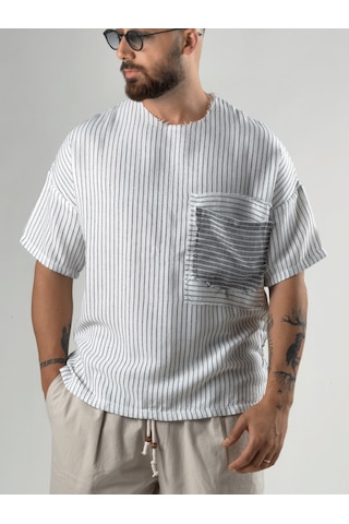 Cocopelli Beyaz Çizgili Patch Bohem Erkek T-shirt Coc3279