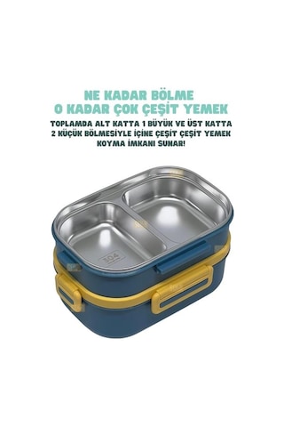 Vagonlife Bento 1650ml Paslanmaz Çelik 2 Katlı 3 Bölmeli Çatal Ve Kaşıklı Yemek Kutusu Lacivert Beyaz