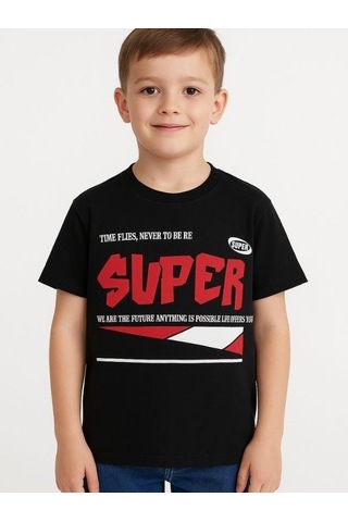 Ekkokids Çocuk Super Yazılı Pamuklu Oversize T-shirt-16016 SIYAH