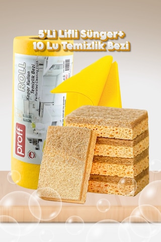 Grimorlife 5 Adet Lifli Sünger + 10 Lu Rulo Temizlik Bezi Pratik Mutfak Temizlik Seti