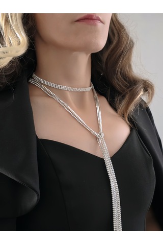 Gümüş Kaplama Üç Sıralı Su Yolu Şal Model Kolye Beyaz