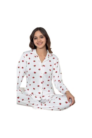 Yaren Collection Pamuklu Kadın Pijama Takımı Uzun Kollu Nefes Ala Beyaz