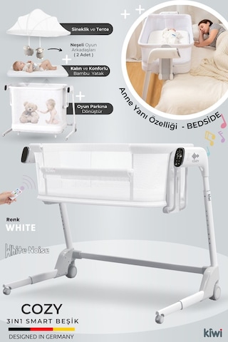 Kiwi Cozy Premium 3in1 Ağlamaya Duyarlı Anne Yanı Beşik, Park Yatak White Noise İle Kesintisiz Uyku