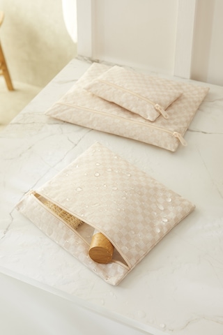Ocean Home Textile 3'lü Su Geçirmez Pvc Astarlı Bej Dama Desen Islak Kuru Çantası 20 X 13 / 24 X 20 / 30 X 24 Cm