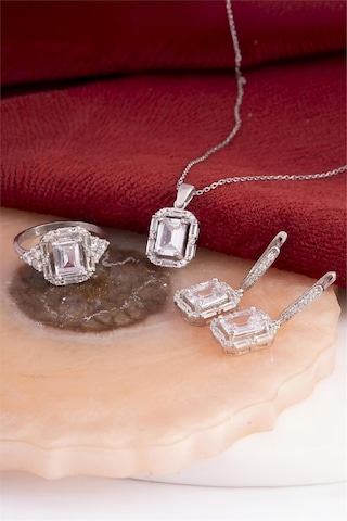 925 Ayar Gümüş Rodyumlu Triple Zirkon Süslemeli Baget Bayan Takı Seti -8244 Gümüş