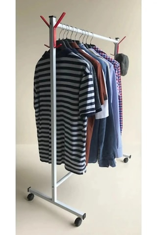 Paslanmaz Tekerlekli Beyaz Metal Konfeksiyon Elbise Kıyafet Askı Siyah