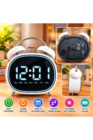 Led Ekranlı Dijital Çalar Saat Alarm Erteleme Gün Göstergeli Şık Tasarım 14x12 Cm Dijital Metal Çalar Saat Pil Beyaz