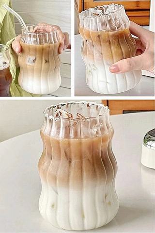 12'li Sukabağı Latte Pipetli Cam Bardak İskandinav Burgu Kahve Kokteyl 3 Katlı Sunum Bardağı 400ml Şeffaf