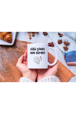 Sütü Çilekli Seni Sürekli Tasarımlı Kupa Bardak