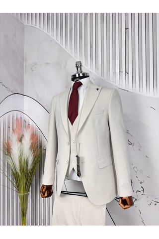 Dupont Classics Dupont Erkek Slim Fit 6 Drop Zara Kumaş Likra Çift Düğme Çift Yırtmaç Yelekli Takım Elbise Krem