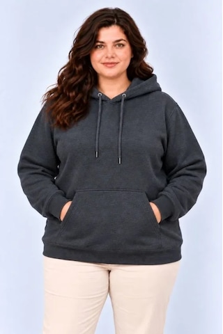 Suma Battal Büyük Beden Füme Kapüşonlu Kanguru Cepli Şardonlu Sweatshirt
