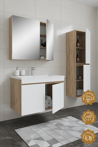 Teta Home Tokyo 80 Cm Mdf Banyo Dolabı Seti +boy Dolabı Atlantik Çam-beyaz Atlantik Çam - Beyaz