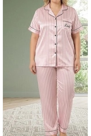 Biçomi Bicomi Büyük Beden Lüks Saten Pijama Takımı Gece Boyu Kusursuz Konfor Ve Zarafet Pembe