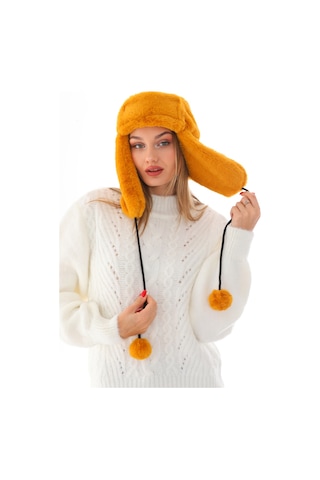 Kadın Hardal Kürklü Kulaklıklı Peluş Şapka Hardal