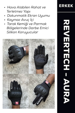 Revertech Aura Siyah - Dokunmatik Ekran Uyumlu Erkek Motosiklet Eldiveni + Buff li