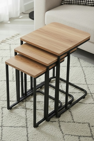 Nemeron Tekerlekli Zigon Sehpa 3lü Yan Sehpa Servis Sehpası Üçlü Çay Sehpası Metal Koltuk Sehpası - Ceviz Ceviz