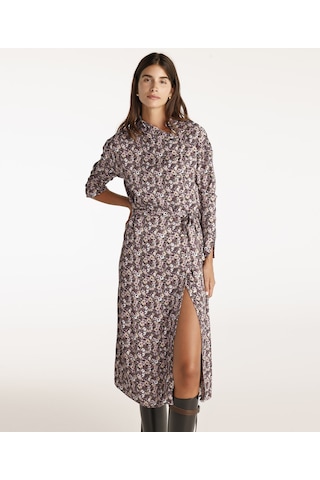 Yargıcı Yüksek Yaka Kuşalı Uzun Kollu Midi Boy Elbise Çok Renkli