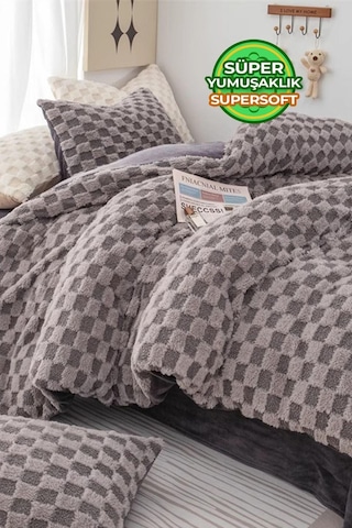 Evlen Home Çift Taraflı Kişilik Kürk Yorgan Uyku Seti Yumuşak Dolgulu Yatak Örtüsü 3 Parça Polo Antrasit
