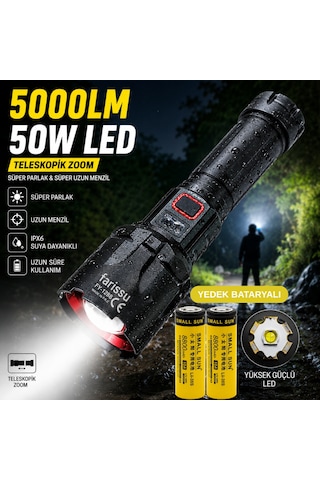 Fy-t288 50w 5000 Lümen Ultra Parlak Şarjlı El Feneri Yedek Bataryalı 1.5 Km Menzilli Powerbank Özellikli Siyah