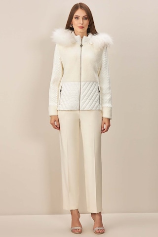 Kapüşonlu Ekru Dokuma Mont Ekru