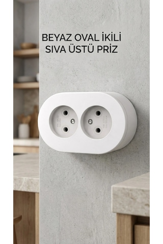 Beyaz Çift Girişli Topraklı Sıva Üstü Elektrik Prizi, Modern Tasarım Belirtilmemiş